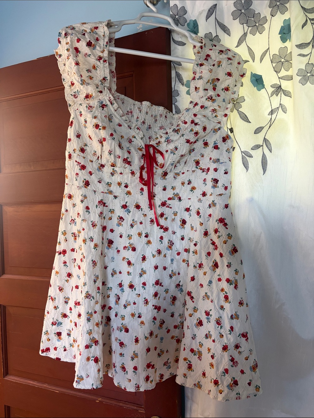 Cider Cream Floral Mini Dress with Red Tie